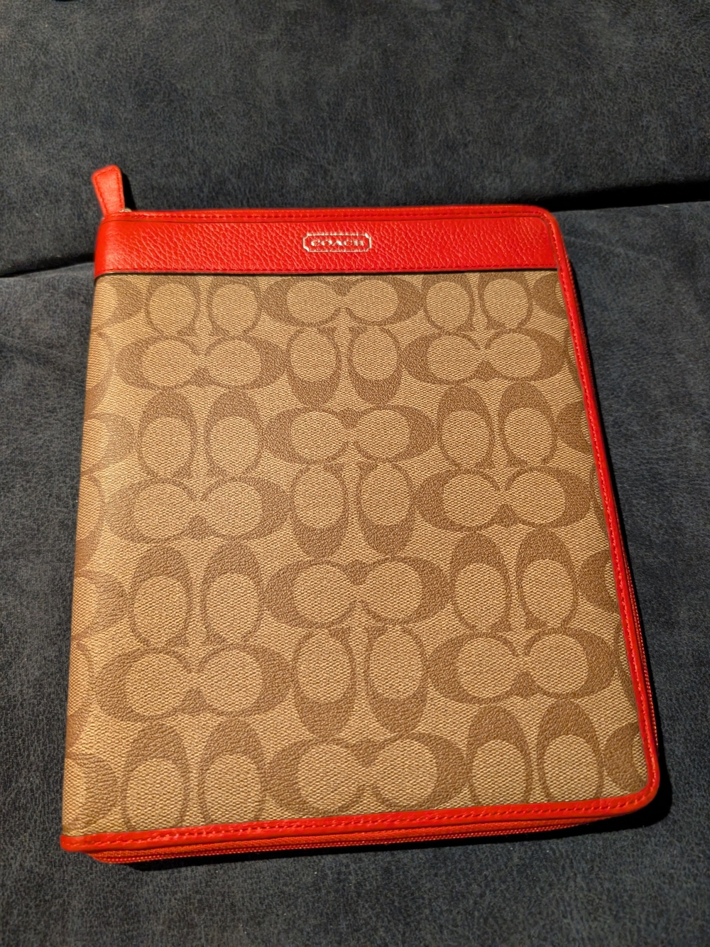 Coach Signature Zip Folio in Brown with Red Trim